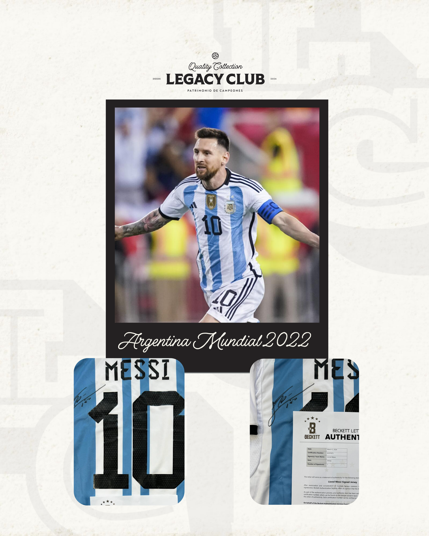 Jersey firmado Lionel Messi Argentina Mundial 2022 (Carta Beckett) ($40,000)